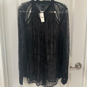 Lane Collection Black Sheer Floral Lace Button Down Shirt Blouse Plus Sz 28 NWT